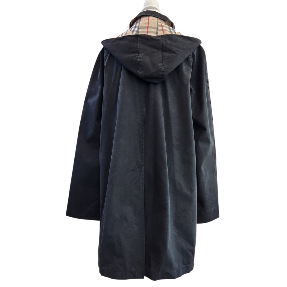 Vintage Burberry London Black Hooded Trench Coat Nova Check Lining Cotton Jacket - Picture 4 of 12